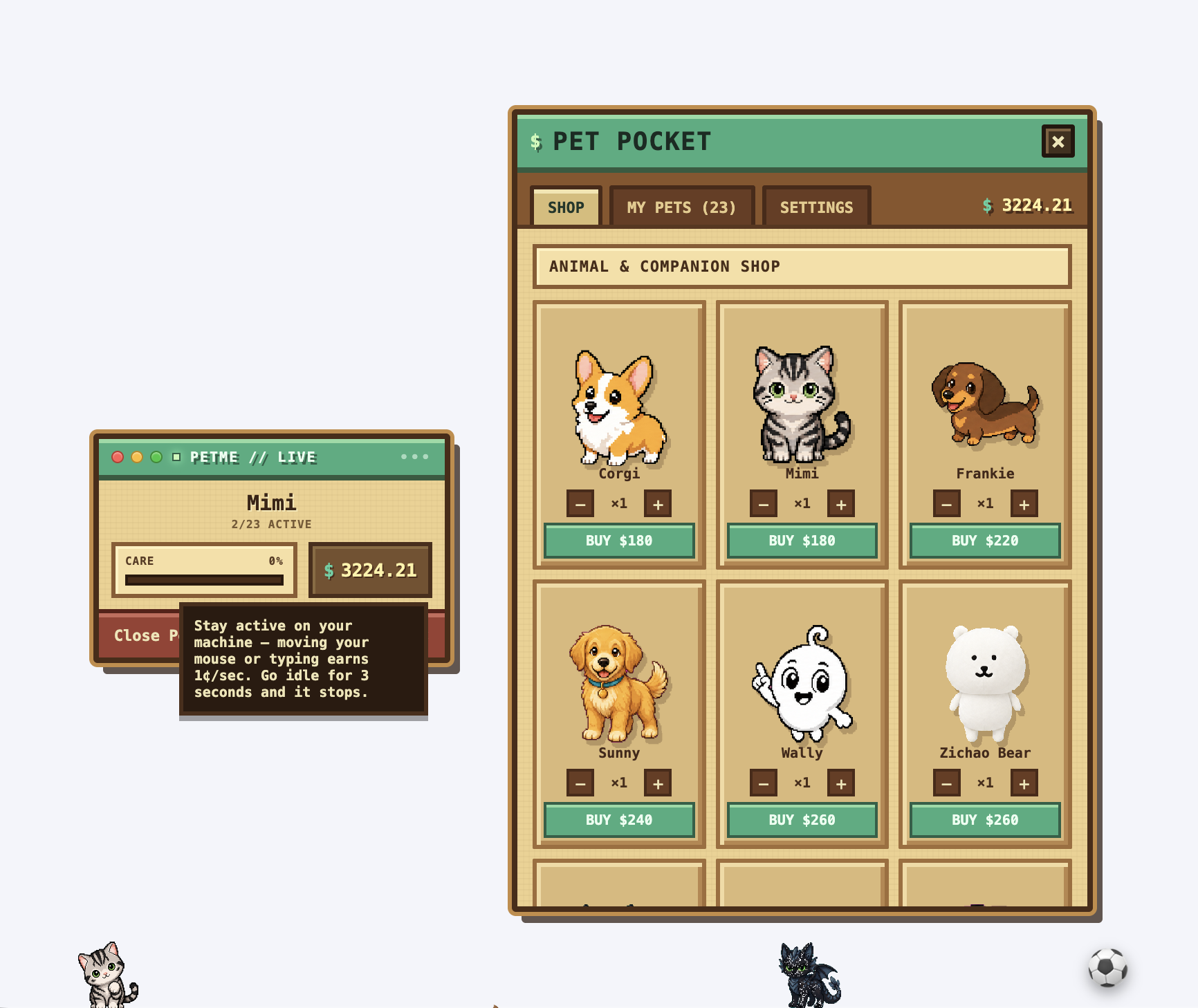 petme running on a desktop, showing the HUD, the Pet Pocket shop, and pets on screen